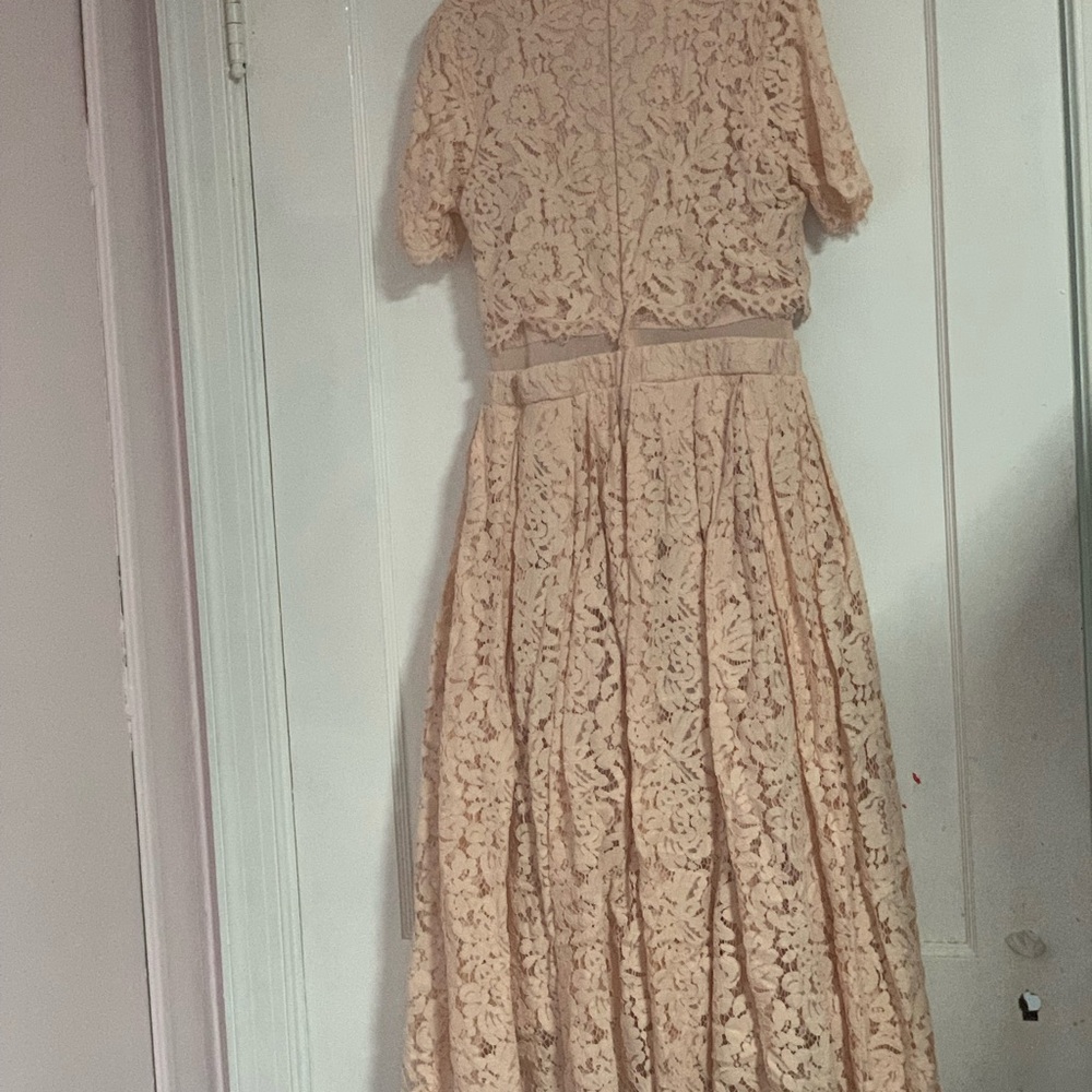 Maniju Blush Lace Midi Dress Size S Sheer Net Panel Formal Gown Back Zipper - Picture 2 of 14